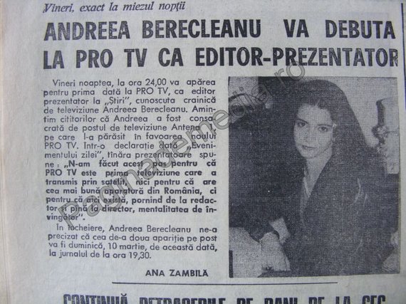 DIN ARHIVĂ. Andreea Berecleanu, la începuturile sale de prezentatoare a ştirilor de la Pro TV: „aici există, de la redactor şi până la director, mentalitatea de învingător”