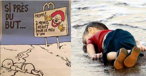 FOTO. Charlie Hebdo a publicat caricaturi controversate despre Aylan, copilul sirian înecat în Marea Egee. Revista riscă să fie dată în judecată