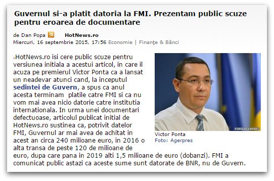 HotNews prezintă scuze publice pentru o ştire despre datoria României la FMI