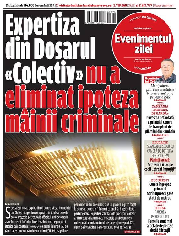 FOTO. Textul tendenţios al EVZ despre expertiza în cazul Colectiv, taxat de Times New Roman