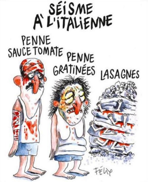 Charlie Hebdo şochează printr-o caricatură despre cutremurul din Italia. Victimele, prezentate drept feluri de paste
