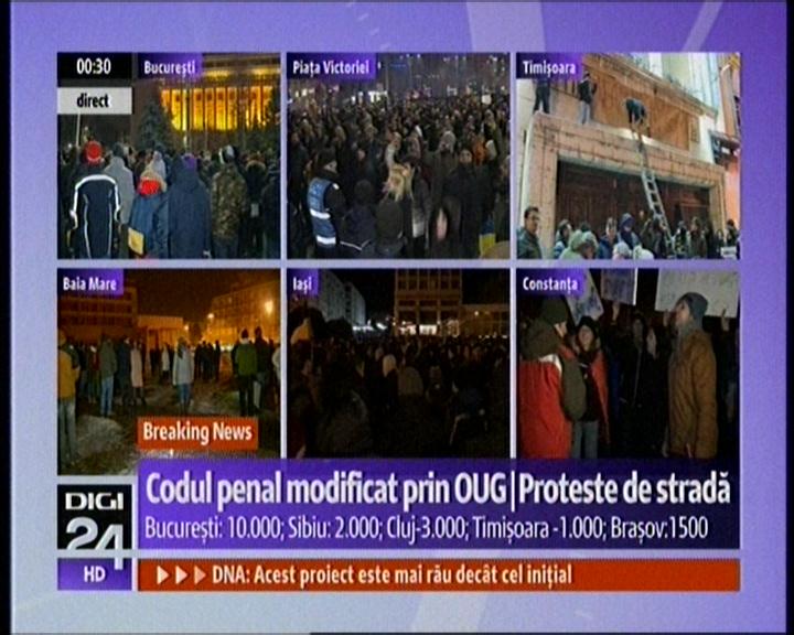 Protestele pe posturile de ştiri: Paşnice la Digi 24, violente la România TV, incitări şi tehnocraţi în stradă la Antena 3