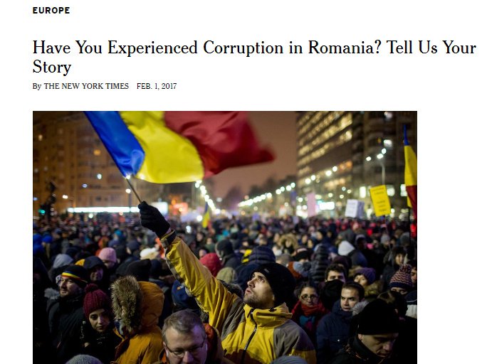 Campanie în The New York Times: „Ai experimentat corupţia din România? Spune-ne povestea”