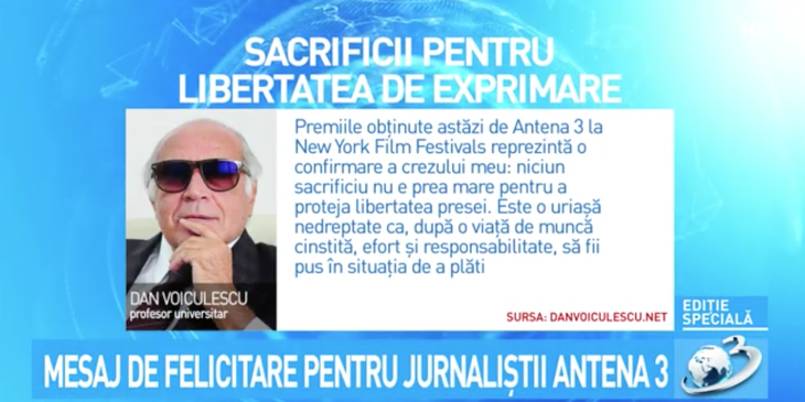 Voiculescu, despre premiile Antena 3: confirmă verticalitatea celor care au avut curajul să spună adevărul