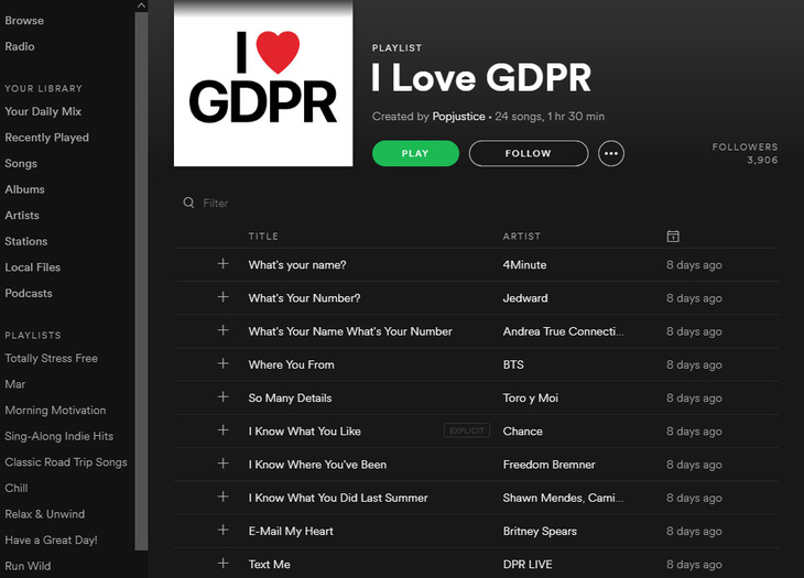 CULMEA GDPR. Are propriul playlist pe Spotify, cu melodii precum „What`s your name what`s your number” sau „I Know what you like”