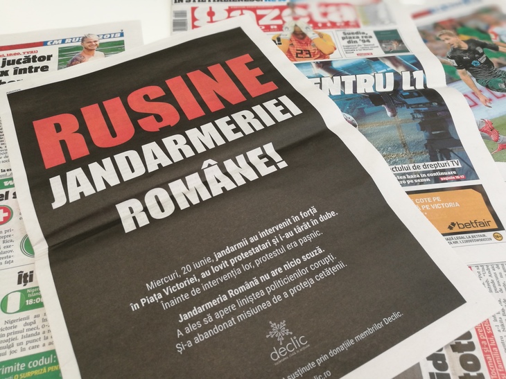 FOTO. Reclamă în Gazeta Sporturilor: „Ruşine Jandarmeriei Române”. Cine este clientul