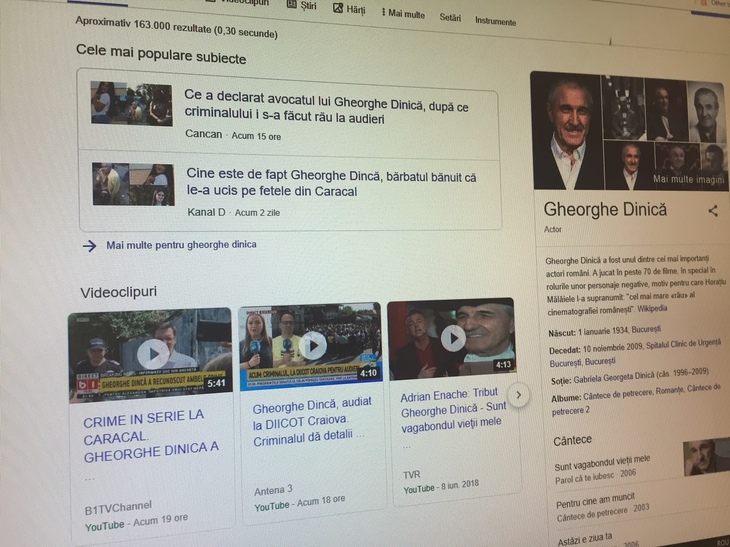 DIN GREŞEALĂ. Căutarea pe actorul Gheorghe Dinică dă ca rezultat pe Google crima din Caracal. De ce? Cum au încurcat site-urile româneşti cele două nume