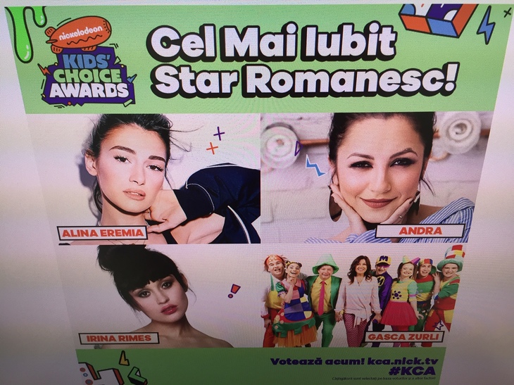 Andra, Irina Rimes, Gaşca Zurli şi Alina Eremia, nominalizaţi la o gală Nickelodeon din SUA. Cum se votează?