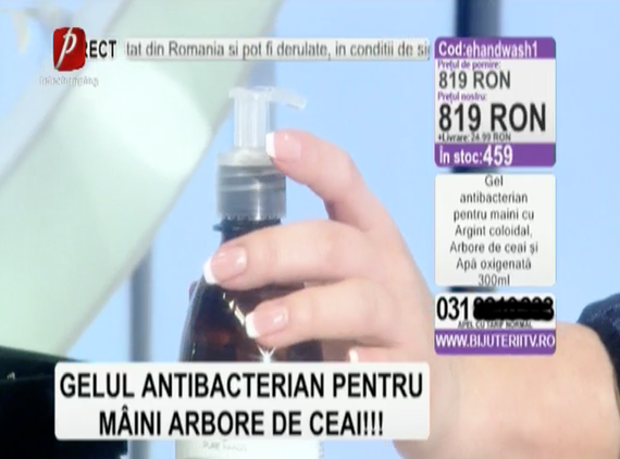 VIDEO. Teleshopping cu iz de speculă cu gel antibacterian la Prima TV: 819 lei preţul de pornire, 163 de lei la ofertă. Antireclamă la gelurile “clasice”