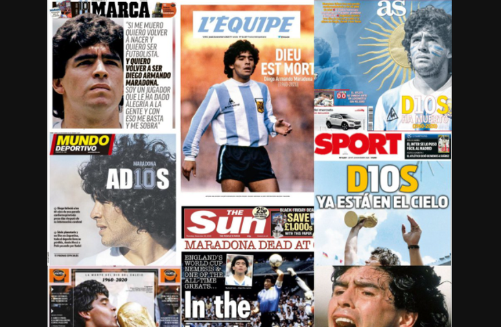 GALERIE FOTO. Marile publicaţii despre moartea lui Diego Maradona: „AD10S” sau „L-am văzut pe Maradona”