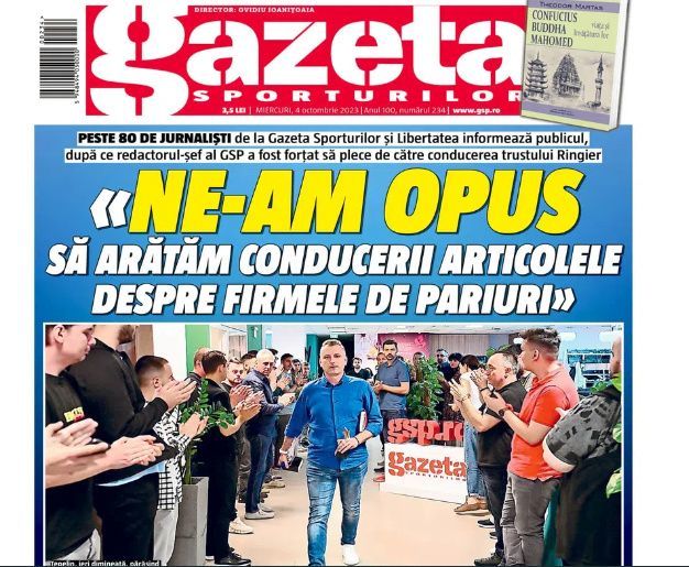 Copertă-eveniment. Gazeta Sporturilor deschide ediţia de astăzi cu demiterea lui Cătălin Ţepelin. „Ne-am opus să arătăm conducerii articolele despre firmele de pariuri”