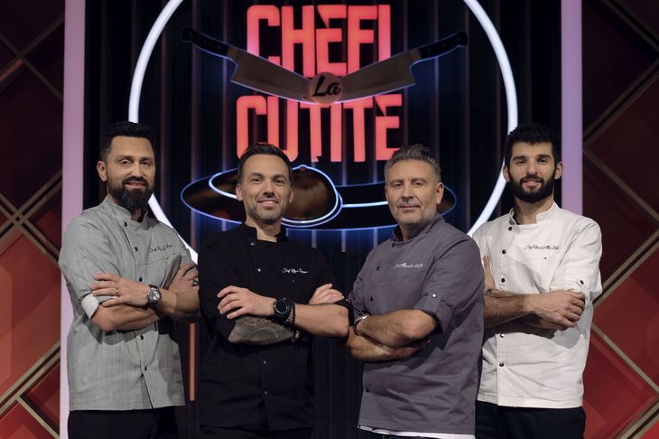 De la stânga la dreapta: Chef Orlando Zaharia, Chef Ştefan Popescu, Chef Alexandru Sautner şi Chef Richard Abou Zaki / foto: Antena 1
