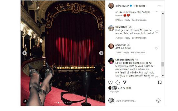 Influenceriţa Alina Ceuşan, val de critici după o poză controversată făcută la teatrul Odeon. Cum a reacţionat influenceriţa