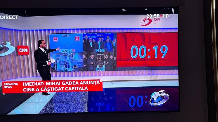 FOTO. Exit-Poll la Primăria Capitalei. Televiziunile, la ora 21.00. Antena 3 a furat startul un minut, la fel Digi 24. Burtierele