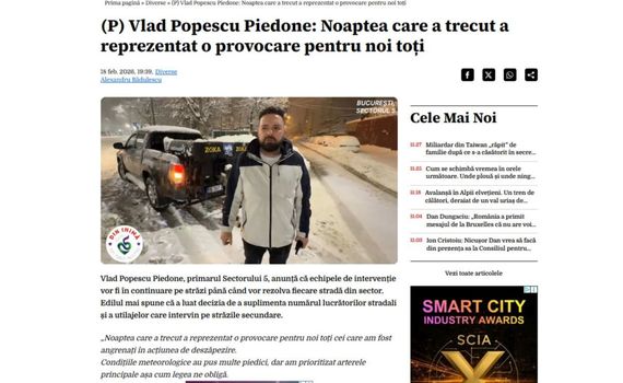 Primarul Sectorului 5 a cumpărat advertoriale ca să anunţe că… a nins. „Noaptea a fost o provocare”