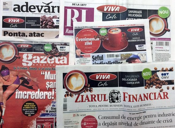 CAMPANIA ZILEI ÎN PRINT. Viva Cafe de la OMV, reclamă pe prima pagină în cinci ziare