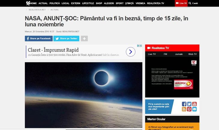 „Sirena” din spaţiu. Realitatea.net şi Unica.ro: Pământul va fi în beznă 15 zile