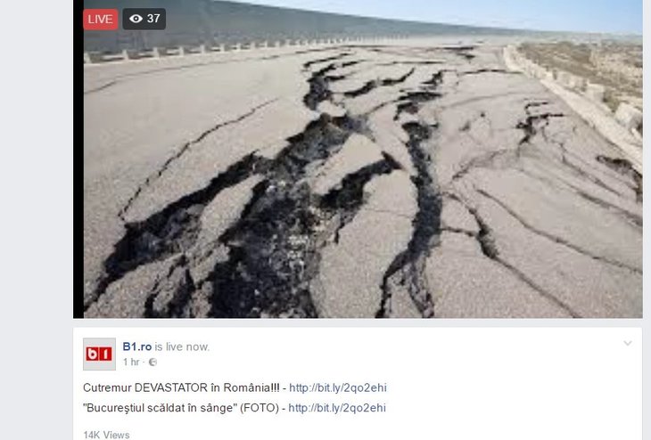 DIN NOU FAKE LIVE. B1 anunţă pe Facebook cutremur devastator în România. Bucureştiul în sânge