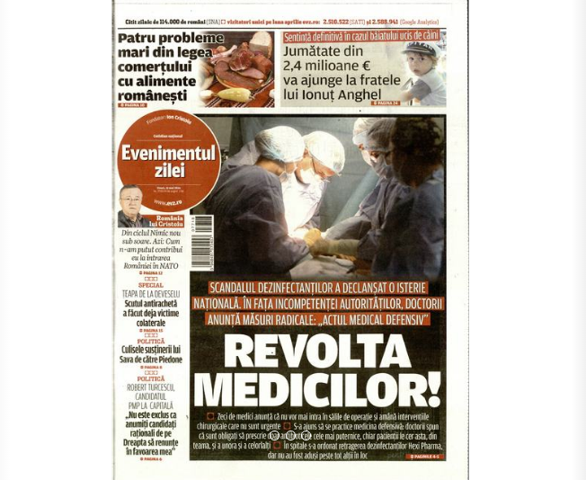 Scandalul dezinfectanţilor, în presa de astăzi. EVZ: Revolta medicilor!