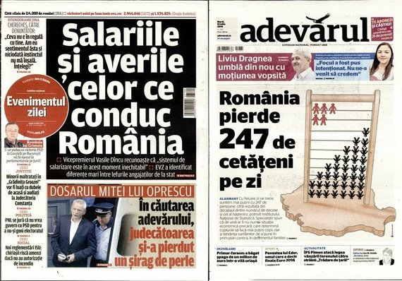 PRESA DE AZI. Adevărul: „România pierde 247 de cetăţeni pe zi”. EVZ: „Salariile şi averile celor ce conduc"
