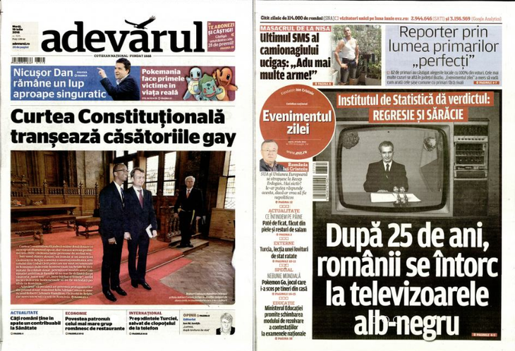 PRESA DE AZI. Adevărul: "Curtea Constituţională tranşează căsătoriile gay". EVZ: "După 25 de ani, românii se întorc la televizoarele alb-negru"