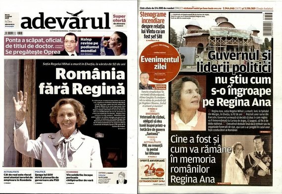 PRESA DE AZI. Trecerea în nefiinţă a Reginei Ana, pe prima pagină a ziarelor de azi. Adevărul: „România fără Regină”