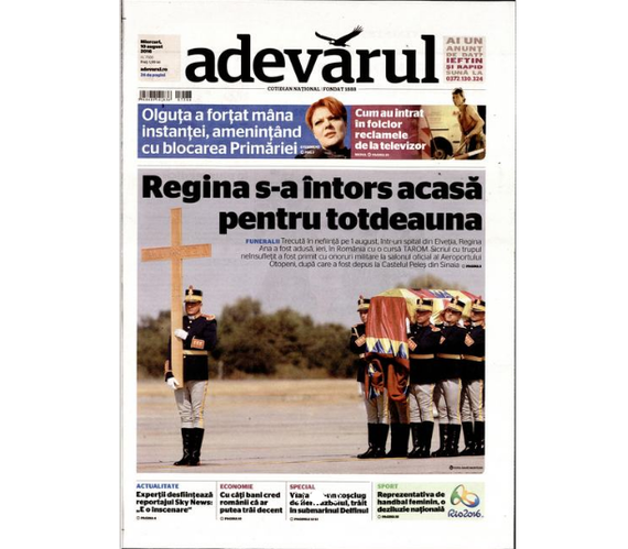 PRESA DE AZI. Funeraliile Reginei Ana, slab mediatizate pe prima pagină a ziarelor. Libertatea: "Lacrimi de principese"