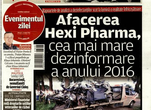 PRESA DE AZI. EVZ, atac la ancheta lui Tolontan privind Hexi Pharma, pe prima pagină: „Cea mai mare dezinformare a anului 2016”