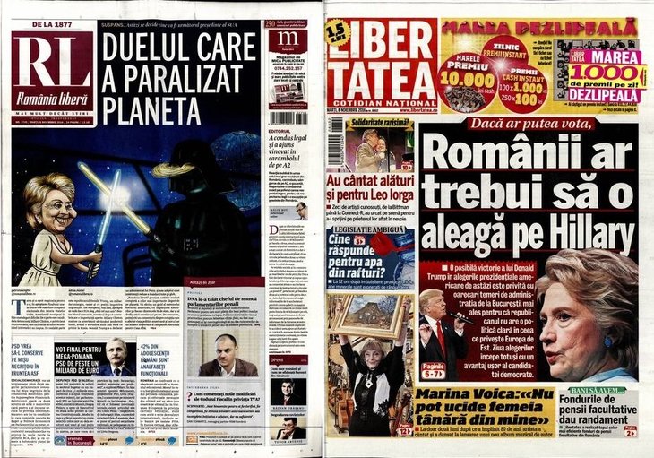 PRESA DE AZI. Alegerile din SUA, pe prima pagină în România libeă şi Libertatea. România liberă: Duelul care a paralizat planeta