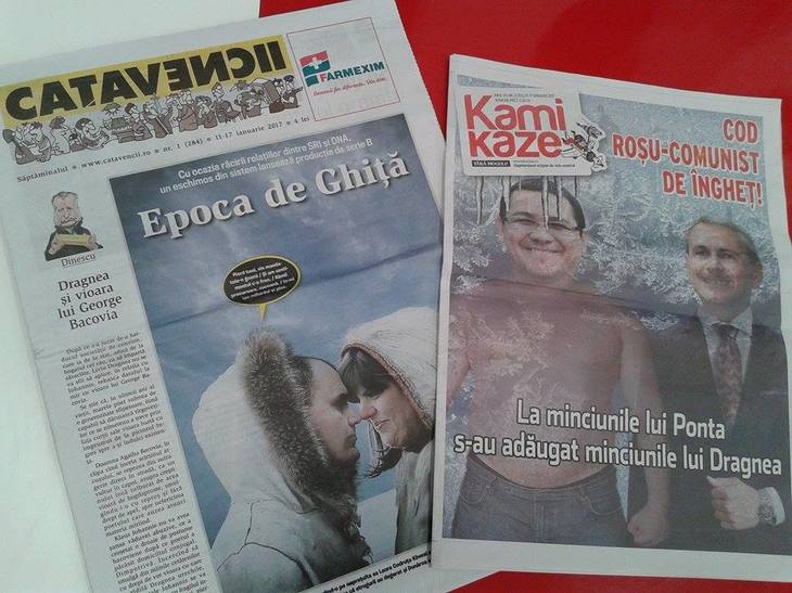 PRESA DE AZI. Primele pagini ale ziarelor de satiră: “Cod roşu-comunist de îngheţ” în “Epoca de Ghiţă”