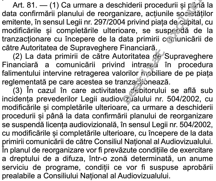 art. 81 Codul insolventei, monitorul oficial