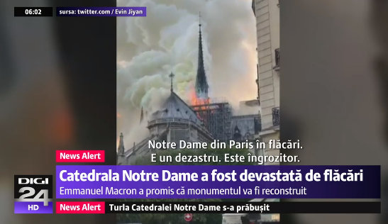 AUDIENŢE. Românii au fost cu ochii pe incendiul de la Notre Dame. Tragedia din inima Parisului, audienţe cât Pro TV sau Antena 1