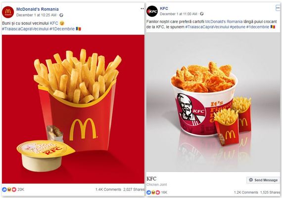 Unirea brandurilor de Centenar. McDonald`s şi KFC şi-au dat mâna de 1 Decembrie, într-o campanie PressOne, #traiascacapravecinului