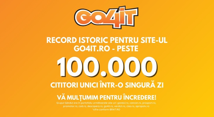 COMUNICAT. Record istoric pentru site-ul go4it.ro – peste 100.000 de cititori unici într-o singură zi